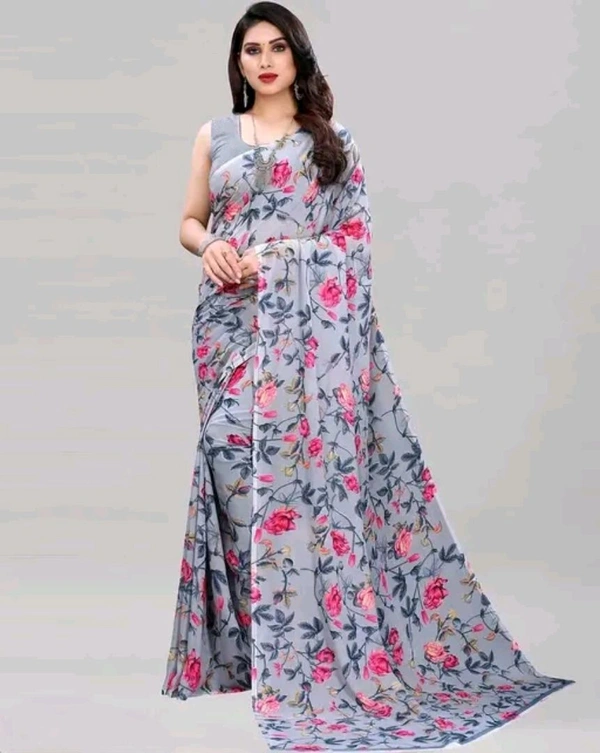 Georgette Floral Print Printed Saree With Unstithed Blouse - Nobel