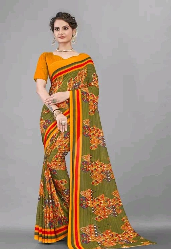 Georgette Floral Print Printed Saree With Unstithed Blouse - Web Orange