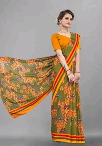 Georgette Floral Print Printed Saree With Unstithed Blouse - Web Orange