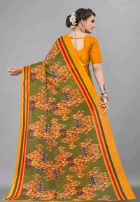 Georgette Floral Print Printed Saree With Unstithed Blouse - Web Orange