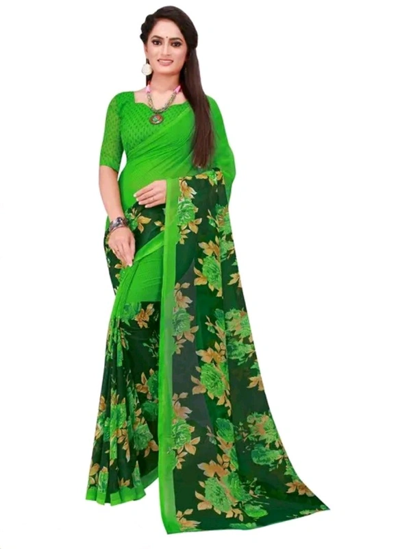 Georgette Floral Print Printed Saree With Unstithed Blouse - Green