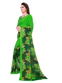 Georgette Floral Print Printed Saree With Unstithed Blouse - Green