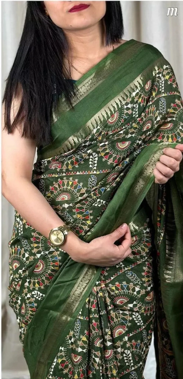 Neha Collection Women's Hand Block Printed Soft Cotton Mulmil Saree With Unstitched Blouse - Dark Green, Free Size