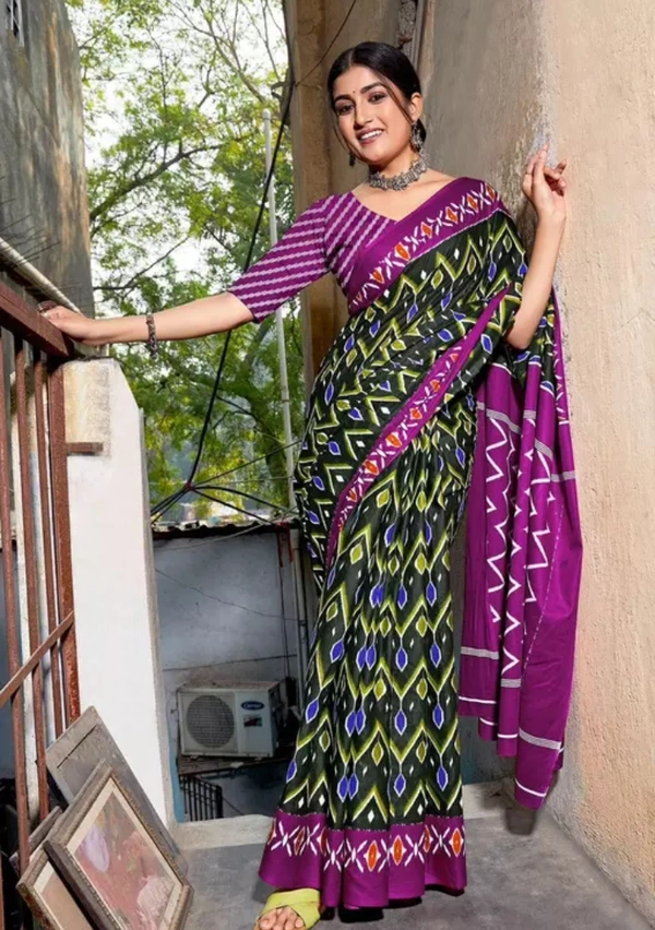 Neha Collection Women Hand Block Printed Pure Cotton Mulmul Saree - Green, Free Size