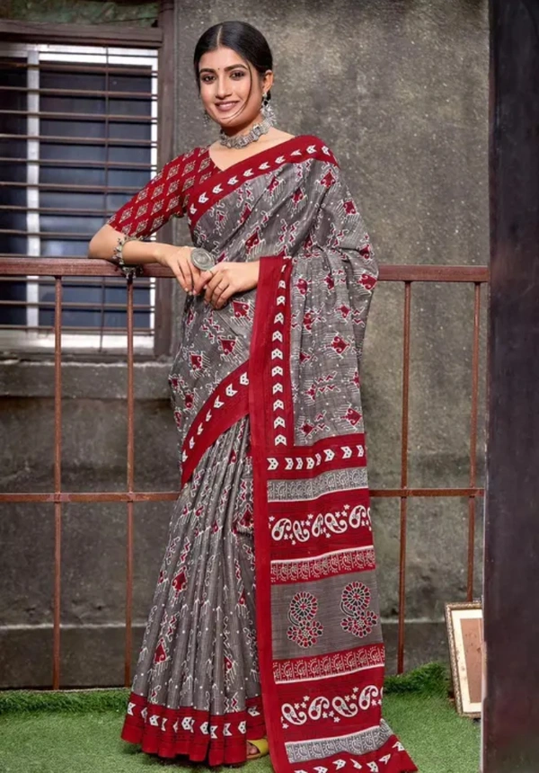 Neha Collection Women Hand Block Printed Pure Cotton Mulmul Saree - Gray, Free Size