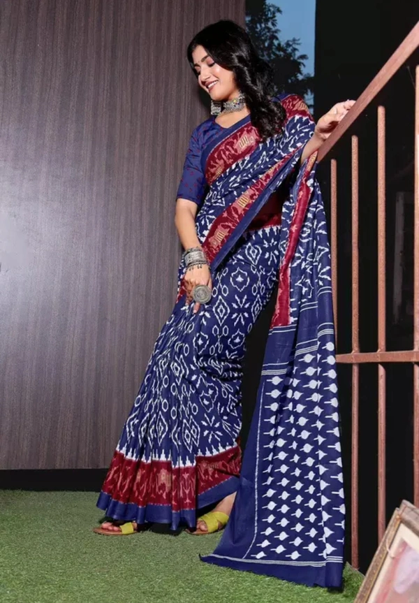 Neha Collection Women Hand Block Printed Pure Cotton Mulmul Saree - Blue, Free Size