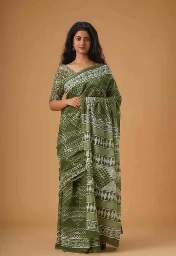 Neha Collection Women Trendy Cotton Mulmul Saree With Blouse - Green, Free Size