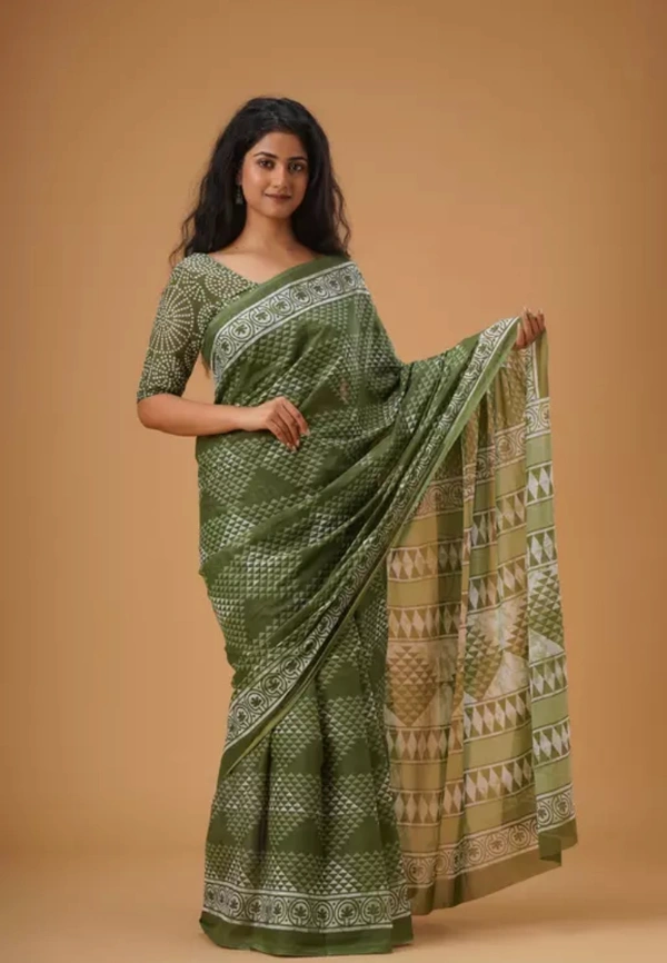 Neha Collection Women Trendy Cotton Mulmul Saree With Blouse - Green, Free Size