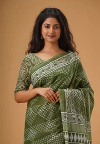 Neha Collection Women Trendy Cotton Mulmul Saree With Blouse - Green, Free Size