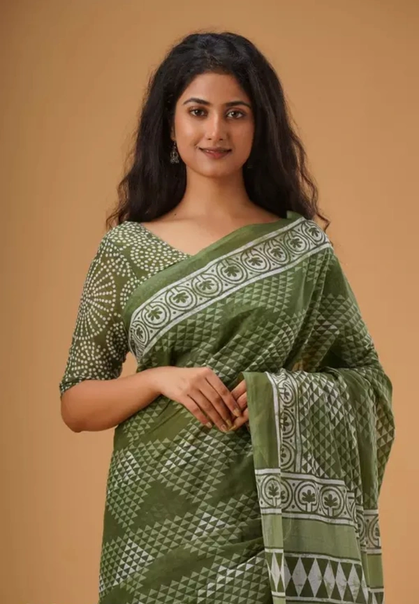 Neha Collection Women Trendy Cotton Mulmul Saree With Blouse - Green, Free Size