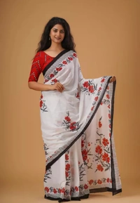 Neha Collection Women Cotton Mulmul Saree With Bolo - White, Free Size