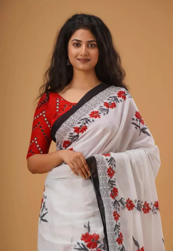 Neha Collection Women Cotton Mulmul Saree With Bolo - White, Free Size
