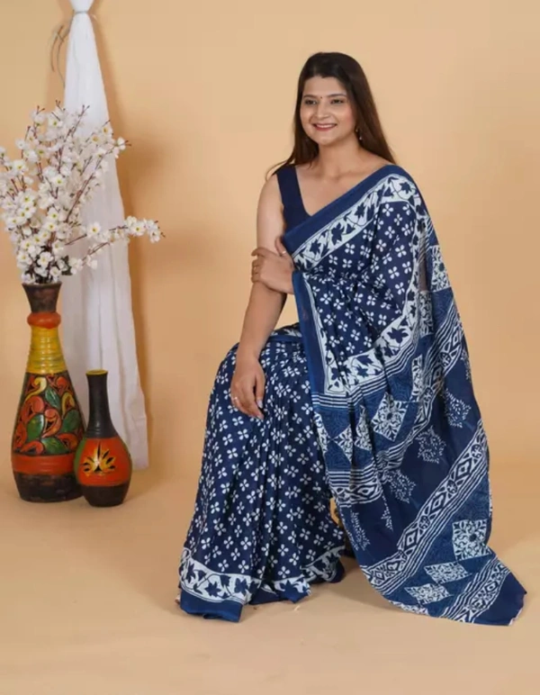 Neha Collection Women Jaipuri Hand Block Printed Soft Cotton Mulmul Saree And Attached Blouse Piece - Blue, Free Size