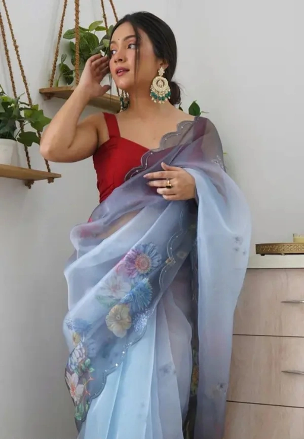 Neha Collection Women Organza Blue Chakra Fancy Saree - Blue, Free Size