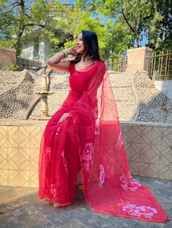 Neha Collection Women Organza Hand Work Partwear Saree - Pink, Free Size