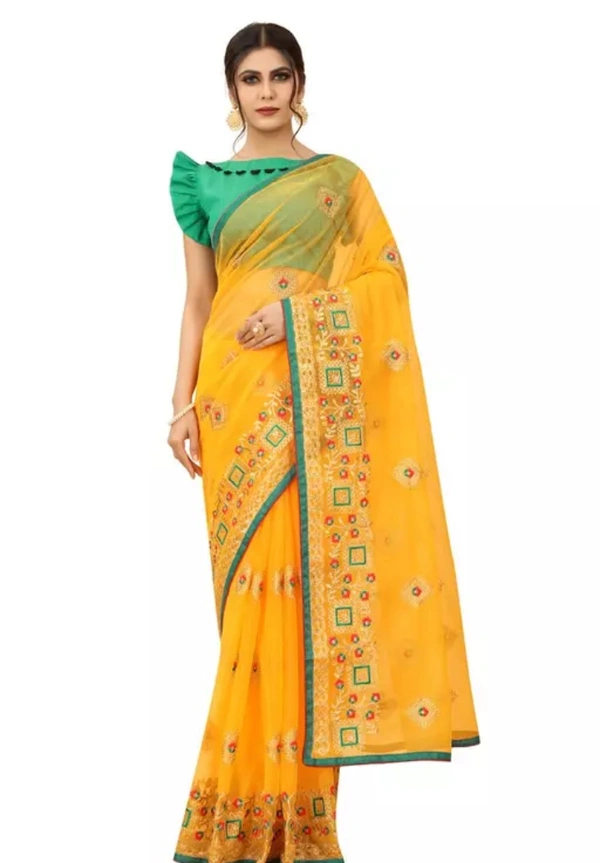 Neha Collection Women Kanha Fashion Silicon Net Orgenza Saree With Blouse - yellow, Free Size