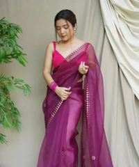 Neha Collection Women's Organza Partywear Saree - Purple, Free Size
