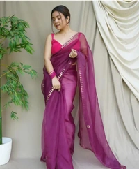 Neha Collection Women's Organza Partywear Saree - Purple, Free Size