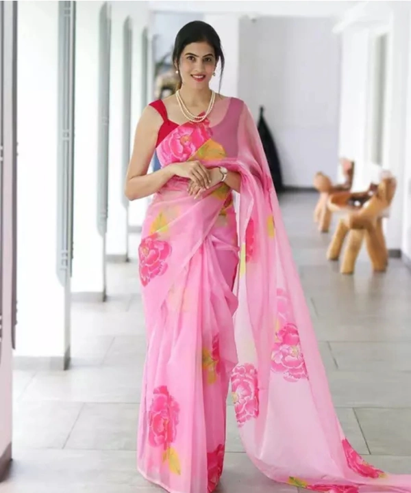 Neha Collection Women Organza Pink Flower Print Saree - Pink, Free Size