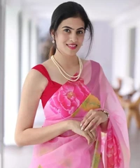 Neha Collection Women Organza Pink Flower Print Saree - Pink, Free Size