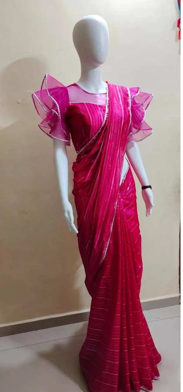 Neha Collection Women South Style Organza Jacquard Silver Checks Saree - Pink, Free Size