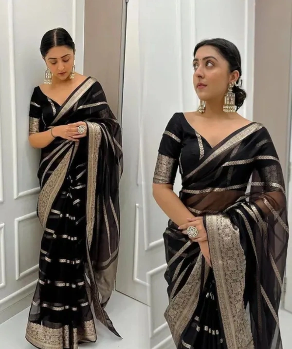 Neha Collection Women Bright Gold Toned Black Women Organza Jacquard Saree - Black, Free Size