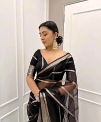 Neha Collection Women Bright Gold Toned Black Women Organza Jacquard Saree - Black, Free Size
