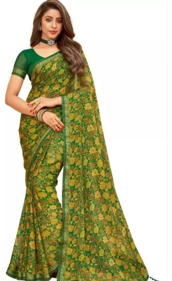 Neha Collection Women Floral Print Bollywood Chiffon Saree - Green, Free Size