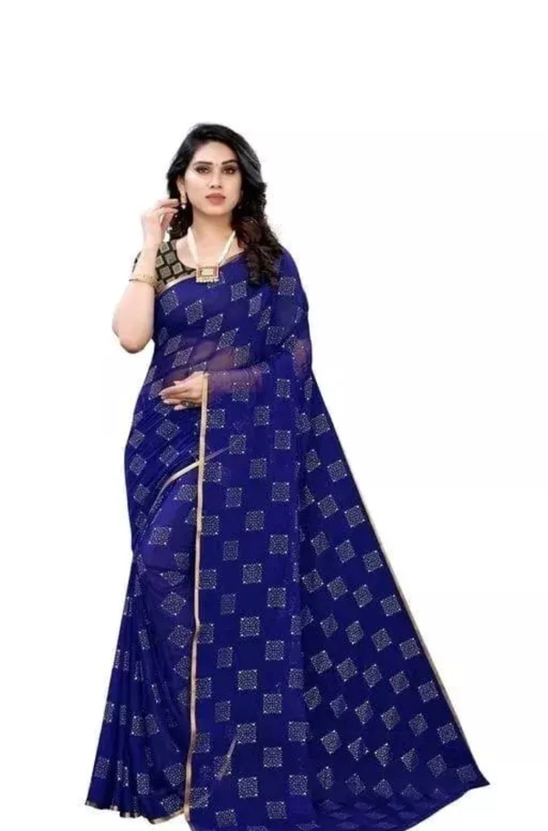 Neha Collection Women Elegant Foil-Printed Chiffon Silk Saree With Exclusive Designer Jacquard Blouse - Blue, Free Size