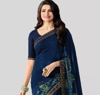 Georgette Women Sensational Georgette Printed Saree - Navy Blue