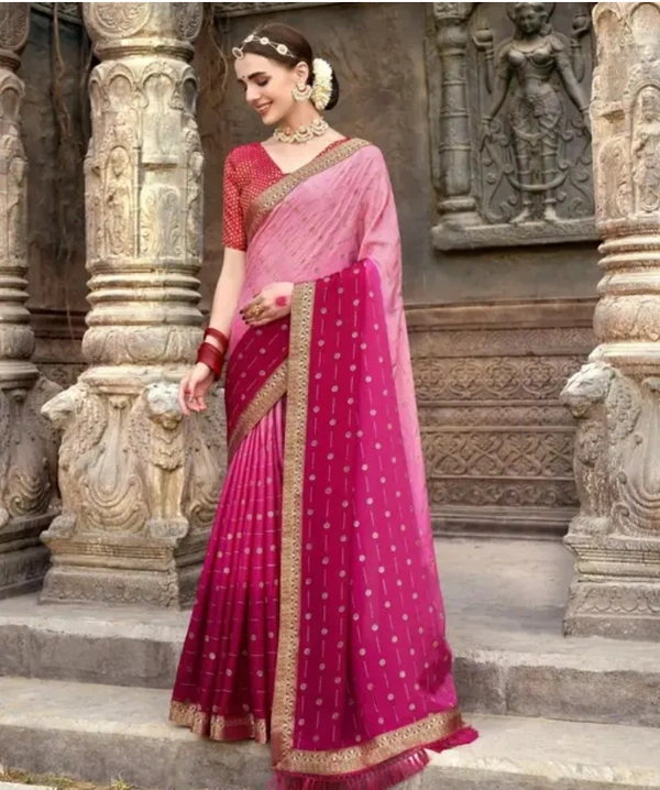 Neha Collection Women Chinon Fabric Zari Embellished Saree - Pink, Free Size