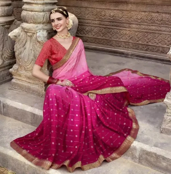 Neha Collection Women Chinon Fabric Zari Embellished Saree - Pink, Free Size