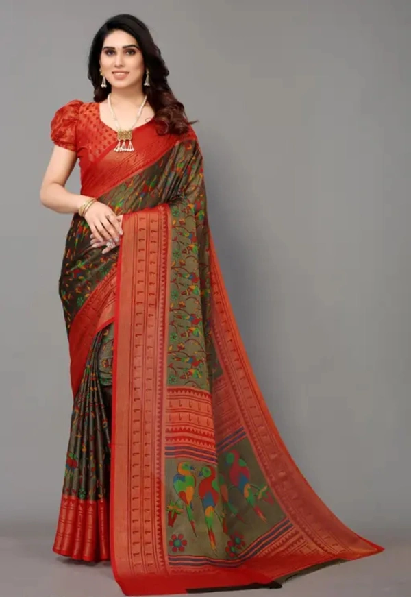 Neha Collection Women Designer Chiffon Brasso Printed Saree With Blouse Piece - Free Size, Green