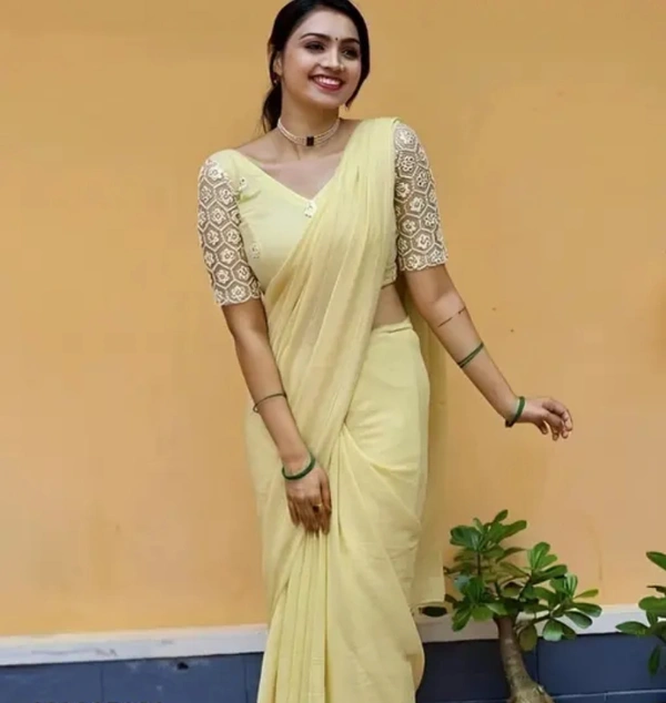Neha Collection Women Chiffon Saree - Yellow, Free Size