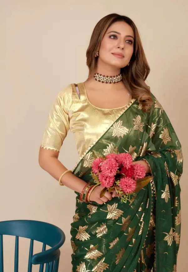 Neha Collection Women Silver Foil Embellished Saree - Green, Free Size