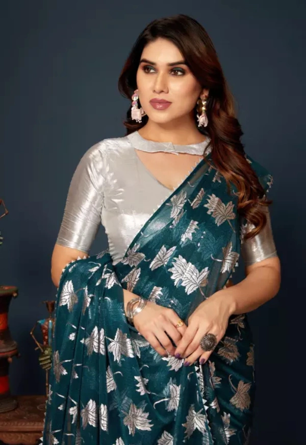 Neha Collection Women Silver Foil Embellished Saree - Teal, Free Size