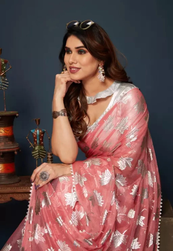 Neha Collection Women Silver Foil Embellished Saree - pink, Free Size