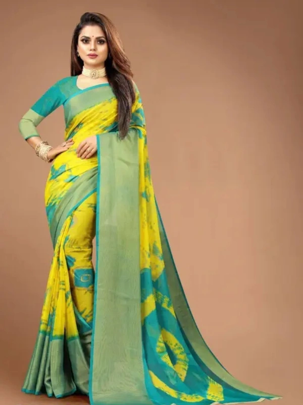 Neha Collection Women Chiffon Viscouse Saree With Big Zari Border Packed With Blouse - Yellow, Free Size
