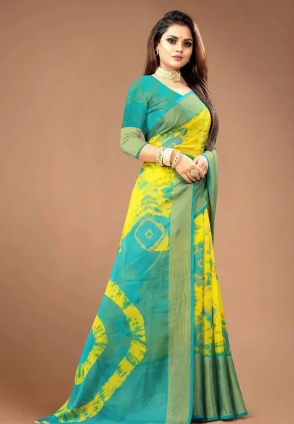 Neha Collection Women Chiffon Viscouse Saree With Big Zari Border Packed With Blouse - Yellow, Free Size