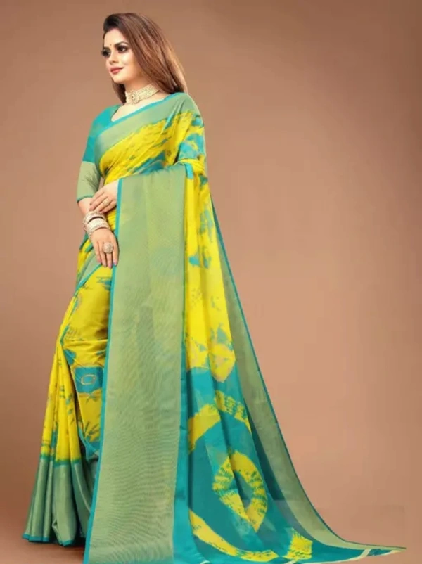 Neha Collection Women Chiffon Viscouse Saree With Big Zari Border Packed With Blouse - Yellow, Free Size