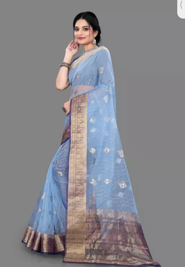 Neha Collection Women Fancy Orgenza Refined Saree - Blue, Free Size