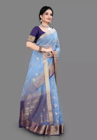 Neha Collection Women Fancy Orgenza Refined Saree - Blue, Free Size