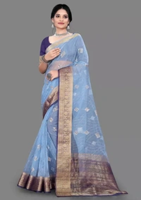 Neha Collection Women Fancy Orgenza Refined Saree - Blue, Free Size