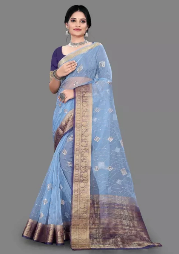 Neha Collection Women Fancy Orgenza Refined Saree - Blue, Free Size