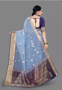 Neha Collection Women Fancy Orgenza Refined Saree - Blue, Free Size