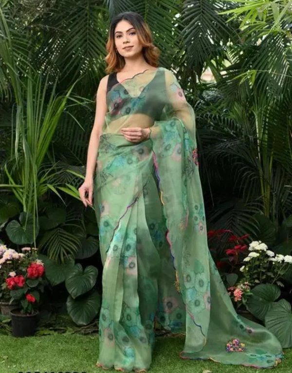 Neha Collection Women Organza Floral Printed Saree - Light Green, Free Size