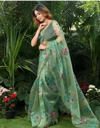 Neha Collection Women Organza Floral Printed Saree - Light Green, Free Size