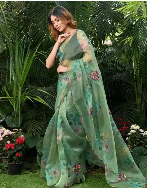 Neha Collection Women Organza Floral Printed Saree - Light Green, Free Size