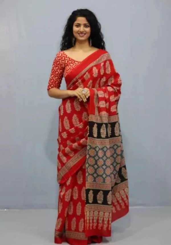 Neha Collection Women Jaipuri Hand Block Printed Daily Wear Soft Cotton Mulmul Saree - Red, Free Size