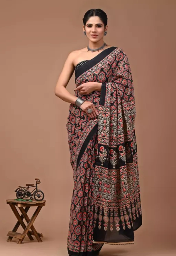 Neha Collection Women Cotton Saree With Blouse - Black, Free Size